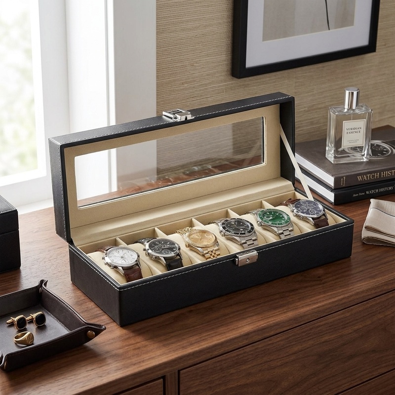 Men Accessories Organiser - PU Leather Watch Box with Glass