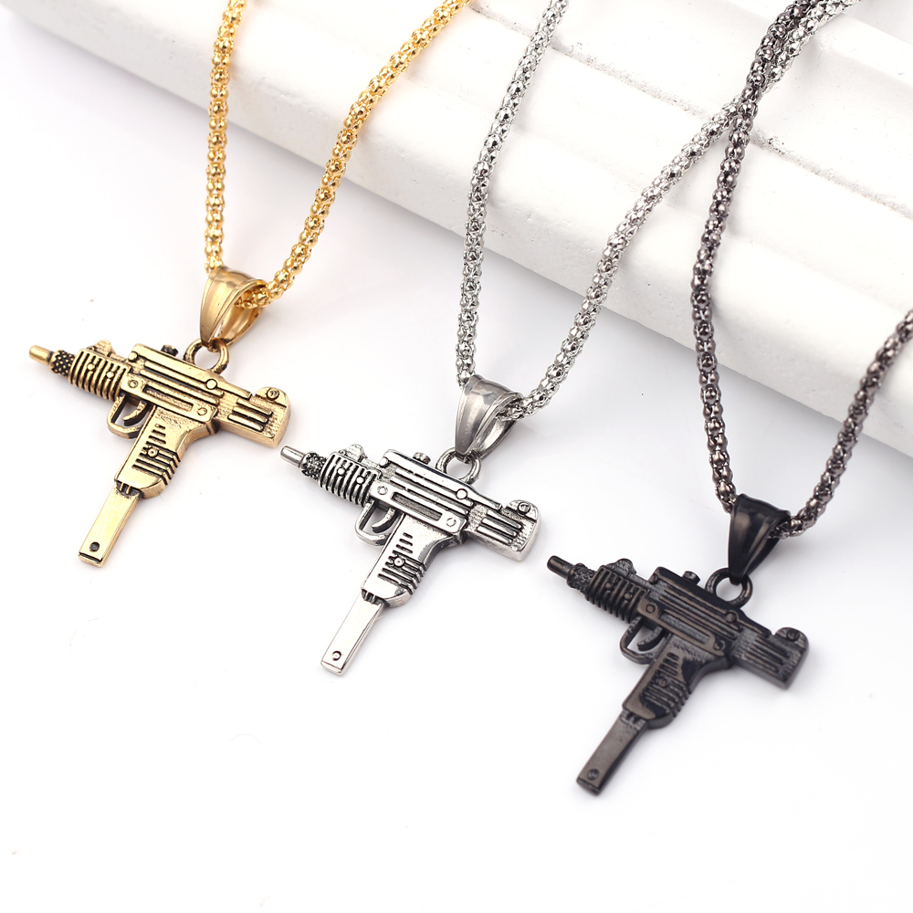 Punk Uzi Pistol Machine Gun Ne - Men Accessories Necklace 评论和价格